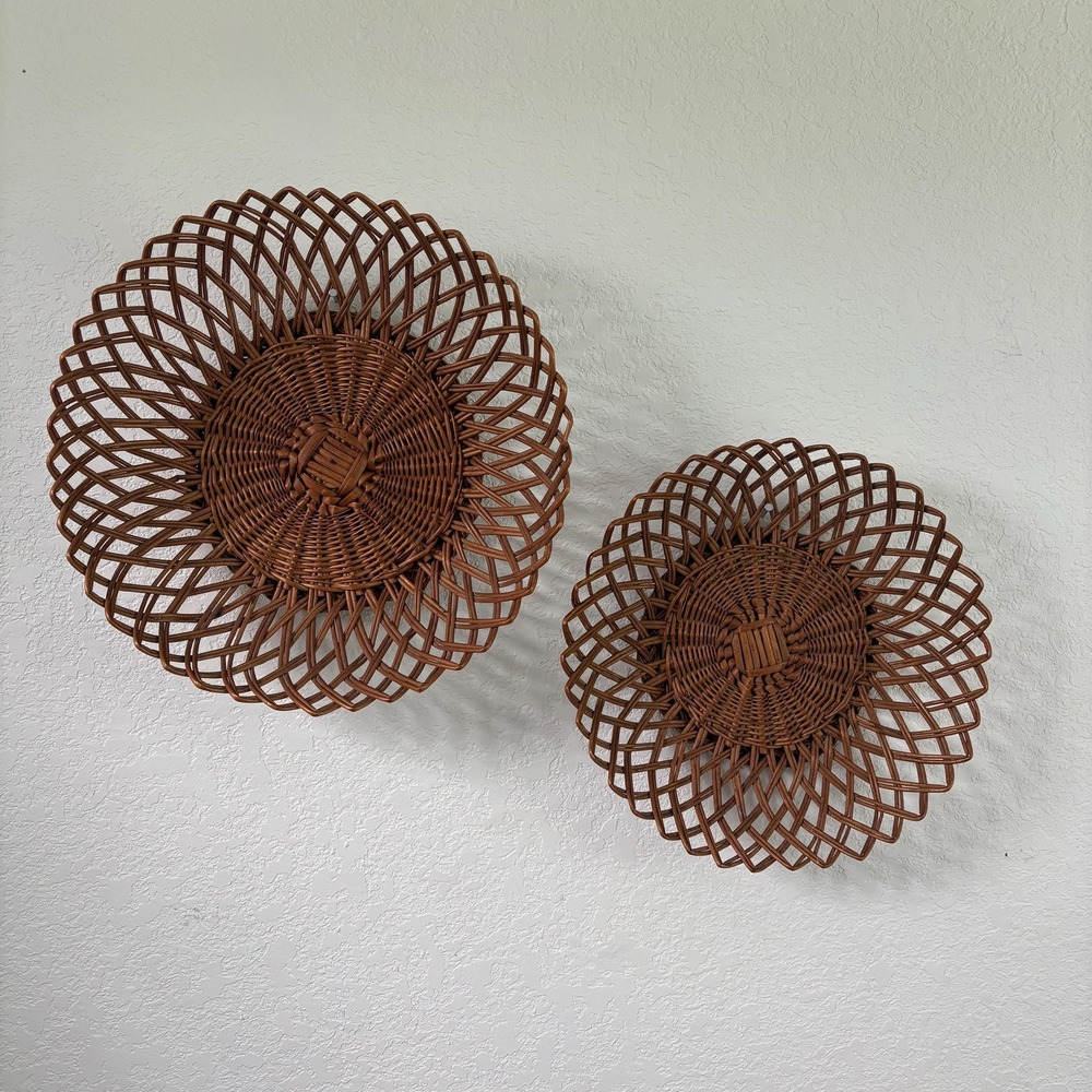 Set of 2 Woven Wicker Wall Baskets Vintage Boho Rattan Cottagecore